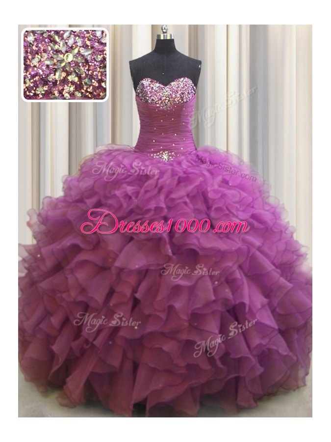 Beaded Bust Floor Length Ball Gowns Sleeveless Fuchsia Sweet 16 Dress Lace Up