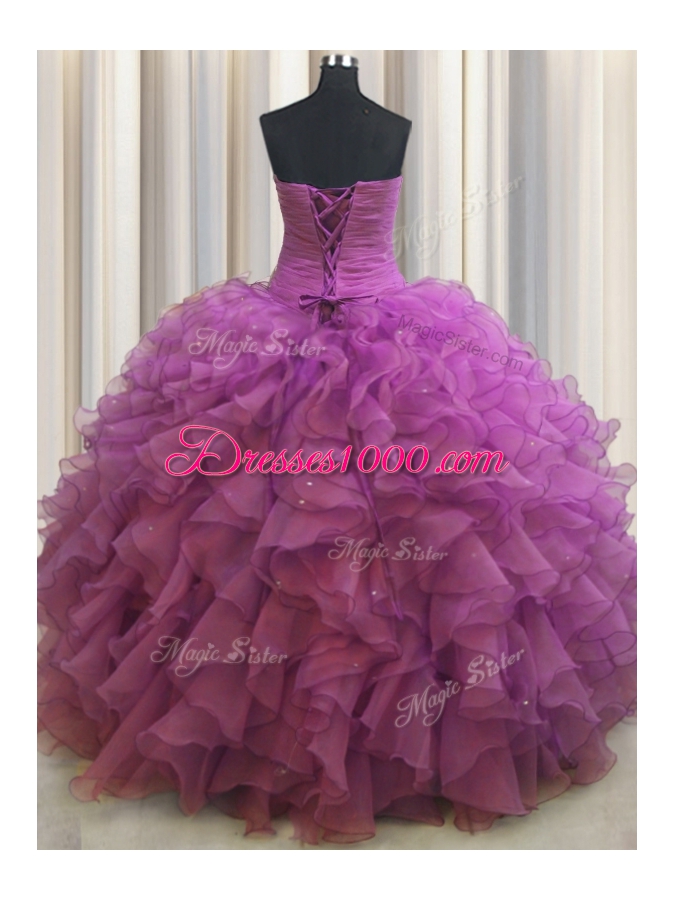 Beaded Bust Floor Length Ball Gowns Sleeveless Fuchsia Sweet 16 Dress Lace Up
