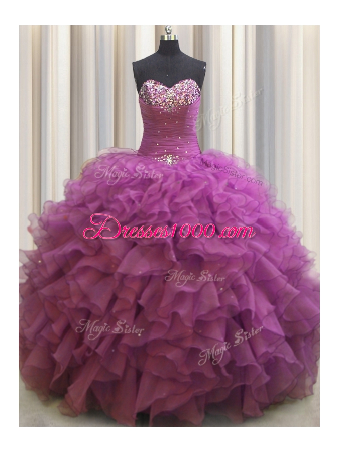 Beaded Bust Floor Length Ball Gowns Sleeveless Fuchsia Sweet 16 Dress Lace Up