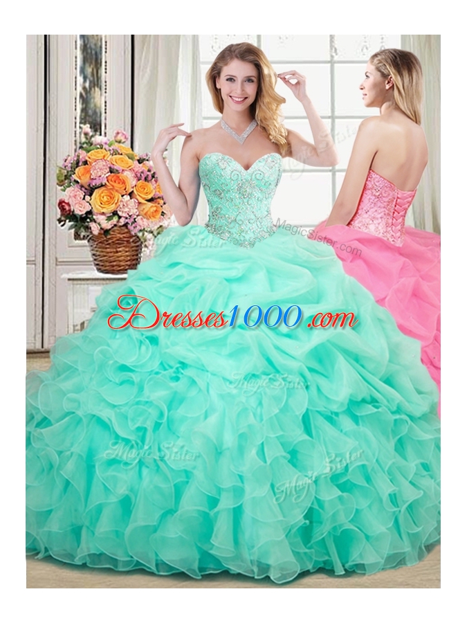 Colorful Three Piece Apple Green Organza Lace Up Sweetheart Sleeveless Floor Length Sweet 16 Quinceanera Dress Beading and Ruffles and Pick Ups