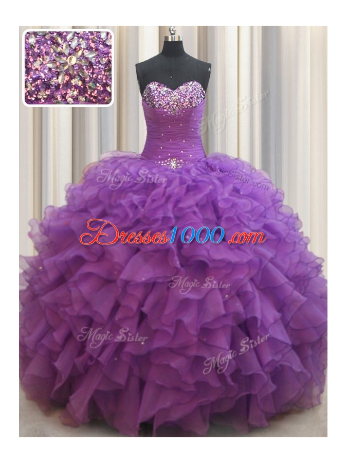 Eggplant Purple Lace Up Sweetheart Beading and Ruffles Sweet 16 Dress Organza Sleeveless