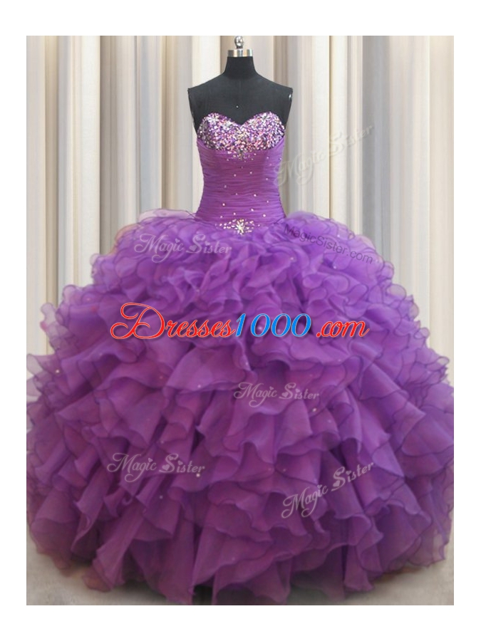 Eggplant Purple Lace Up Sweetheart Beading and Ruffles Sweet 16 Dress Organza Sleeveless