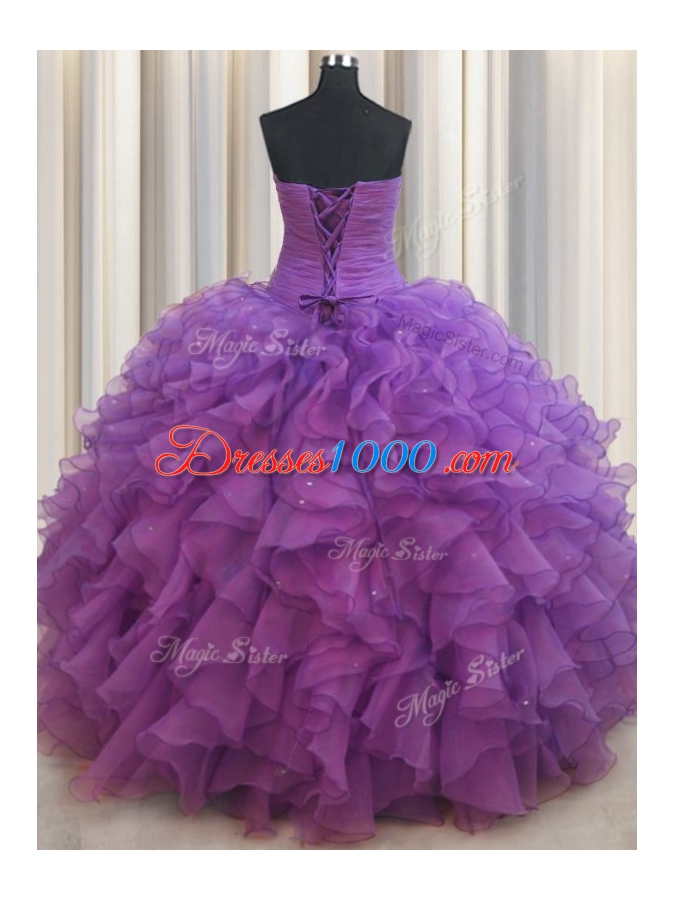Eggplant Purple Lace Up Sweetheart Beading and Ruffles Sweet 16 Dress Organza Sleeveless