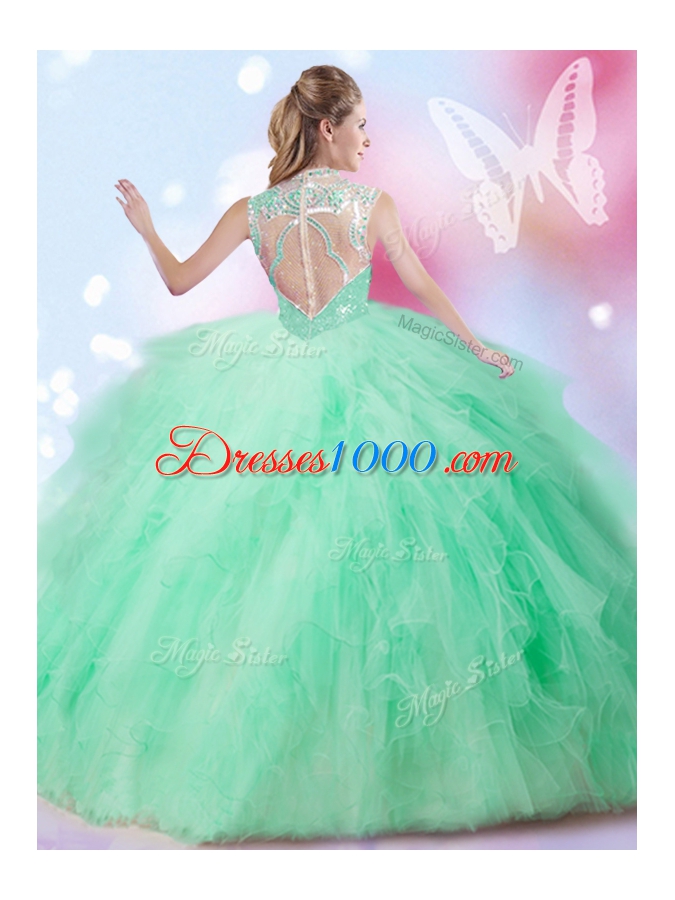 Excellent Apple Green Sleeveless Floor Length Beading and Ruffles and Sequins Zipper Sweet 16 Dress