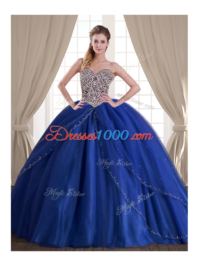Excellent Three Piece Royal Blue Ball Gowns Beading Sweet 16 Dresses Lace Up Tulle Sleeveless Floor Length