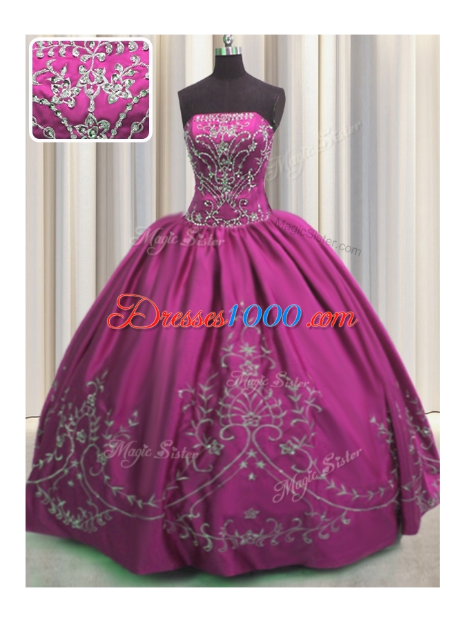 Fashion Taffeta Strapless Sleeveless Lace Up Beading and Embroidery Quince Ball Gowns in Fuchsia