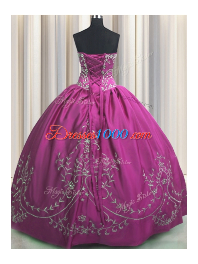 Fashion Taffeta Strapless Sleeveless Lace Up Beading and Embroidery Quince Ball Gowns in Fuchsia