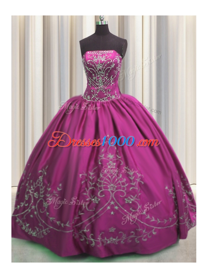 Fashion Taffeta Strapless Sleeveless Lace Up Beading and Embroidery Quince Ball Gowns in Fuchsia