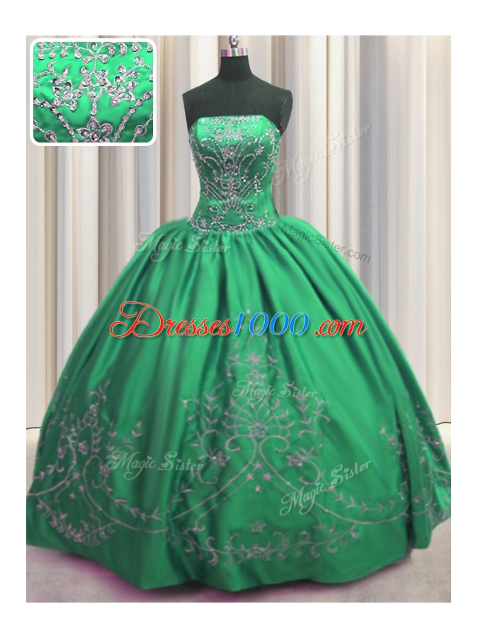 Fashionable Green Ball Gowns Beading and Embroidery 15th Birthday Dress Lace Up Taffeta Sleeveless Floor Length