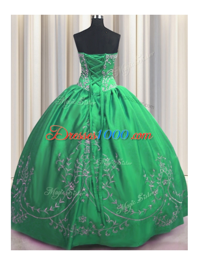 Fashionable Green Ball Gowns Beading and Embroidery 15th Birthday Dress Lace Up Taffeta Sleeveless Floor Length