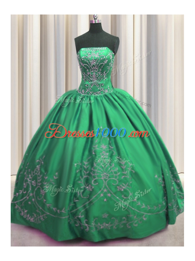 Fashionable Green Ball Gowns Beading and Embroidery 15th Birthday Dress Lace Up Taffeta Sleeveless Floor Length
