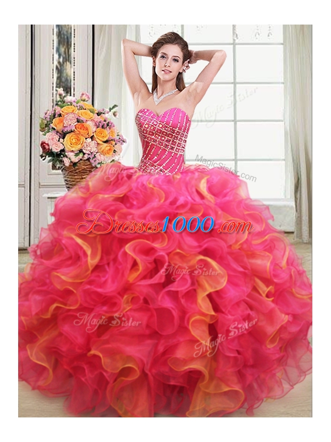 Floor Length Lace Up Quinceanera Dresses Multi-color and In for Military Ball and Sweet 16 and Quinceanera with Beading and Ruffles