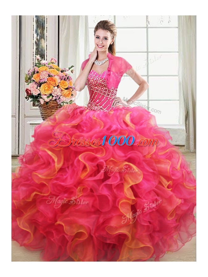 Floor Length Lace Up Quinceanera Dresses Multi-color and In for Military Ball and Sweet 16 and Quinceanera with Beading and Ruffles