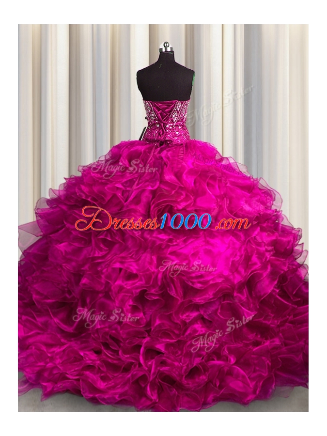 Fuchsia Sleeveless Organza Brush Train Lace Up Sweet 16 Quinceanera Dress for Military Ball and Sweet 16 and Quinceanera