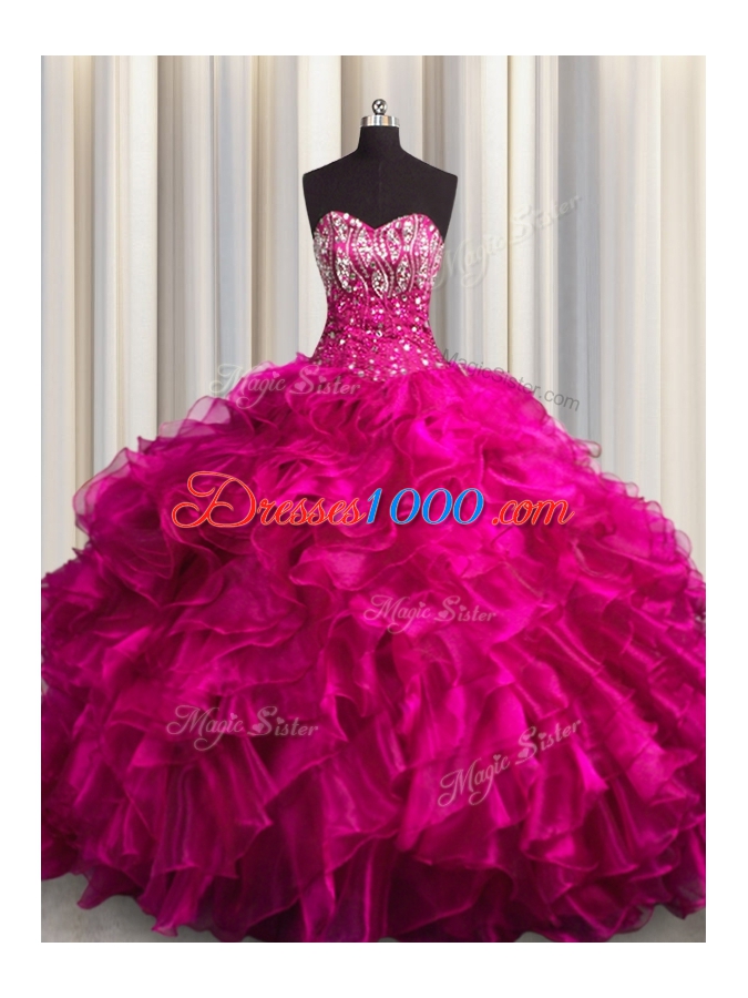 Fuchsia Sleeveless Organza Brush Train Lace Up Sweet 16 Quinceanera Dress for Military Ball and Sweet 16 and Quinceanera