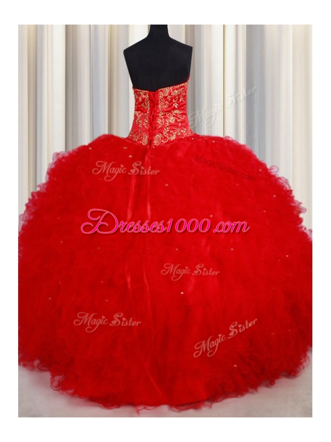 Graceful Red Lace Up 15th Birthday Dress Beading and Embroidery Sleeveless Floor Length