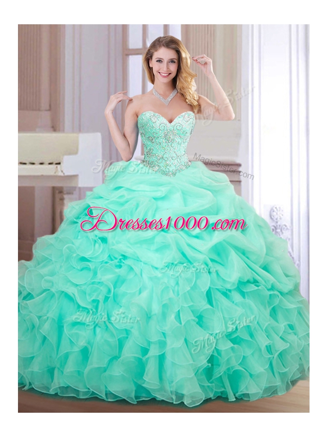 Most Popular Apple Green Sweetheart Lace Up Beading and Ruffles and Pick Ups Quinceanera Gowns Sleeveless