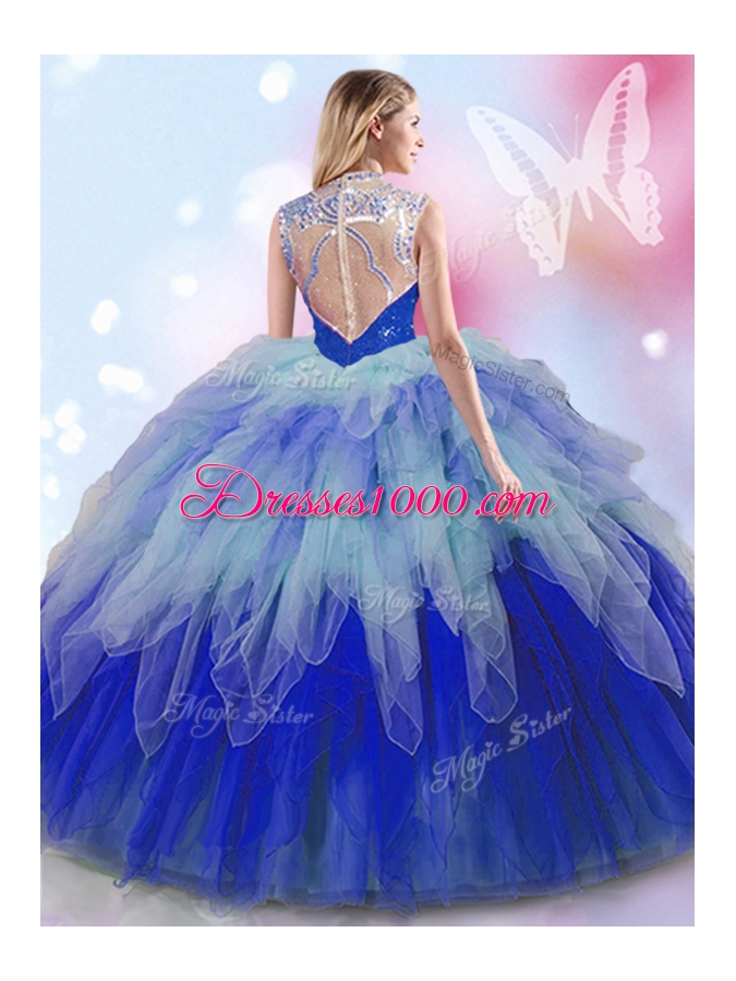 Most Popular Multi-color High-neck Neckline Beading and Ruffles Quinceanera Gowns Sleeveless Zipper