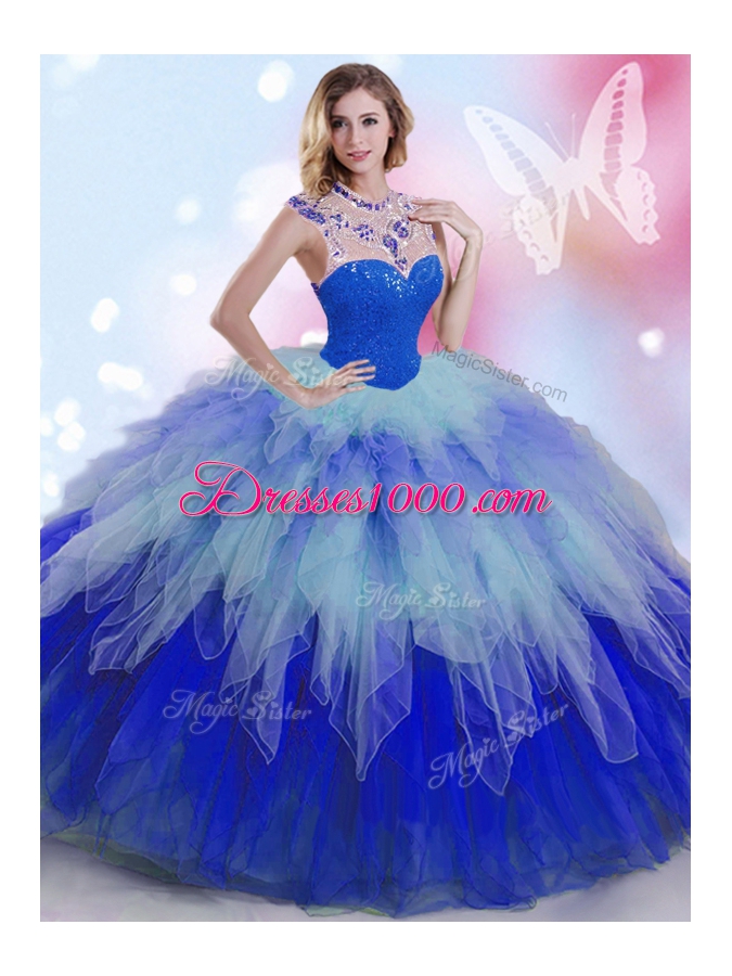 Most Popular Multi-color High-neck Neckline Beading and Ruffles Quinceanera Gowns Sleeveless Zipper