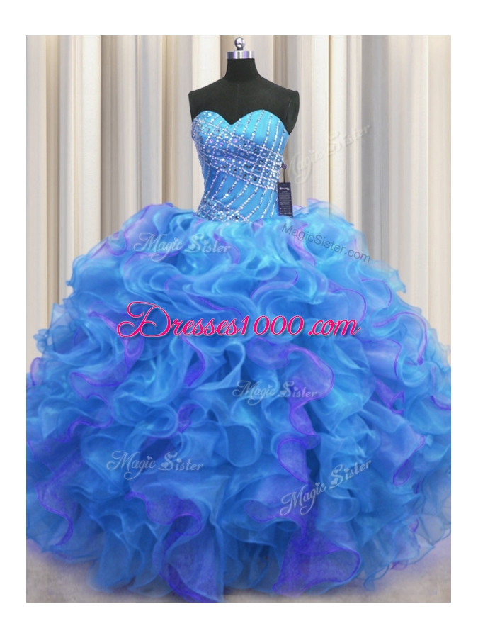 Multi-color Ball Gowns Beading and Ruffles Sweet 16 Dresses Lace Up Organza Sleeveless Floor Length