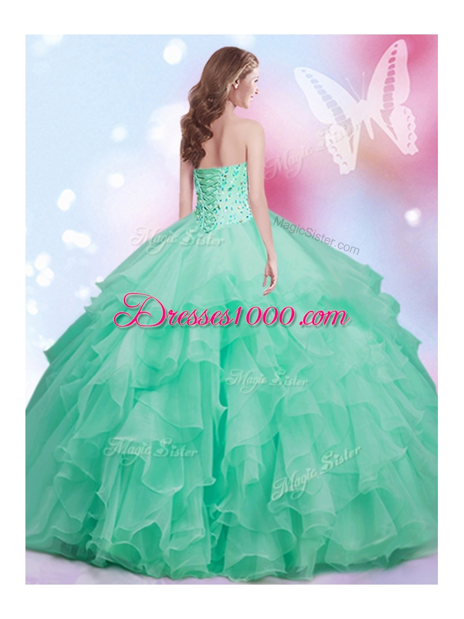 Pretty Sleeveless Floor Length Beading and Ruffles Lace Up Quinceanera Gowns with Apple Green