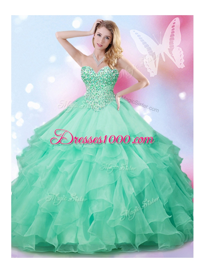 Pretty Sleeveless Floor Length Beading and Ruffles Lace Up Quinceanera Gowns with Apple Green