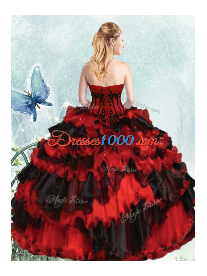 Red And Black Ball Gowns Appliques and Ruffled Layers Vestidos de Quinceanera Lace Up Organza Sleeveless Floor Length