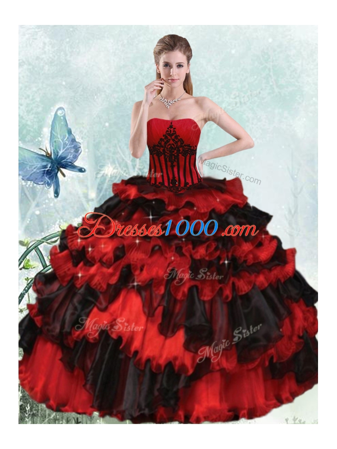 Red And Black Ball Gowns Appliques and Ruffled Layers Vestidos de Quinceanera Lace Up Organza Sleeveless Floor Length