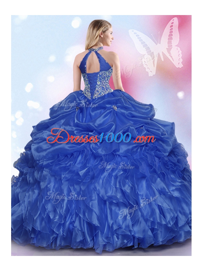 Royal Blue Quinceanera Gown Military Ball and Sweet 16 and Quinceanera and For with Appliques and Ruffles and Pick Ups Halter Top Sleeveless Lace Up