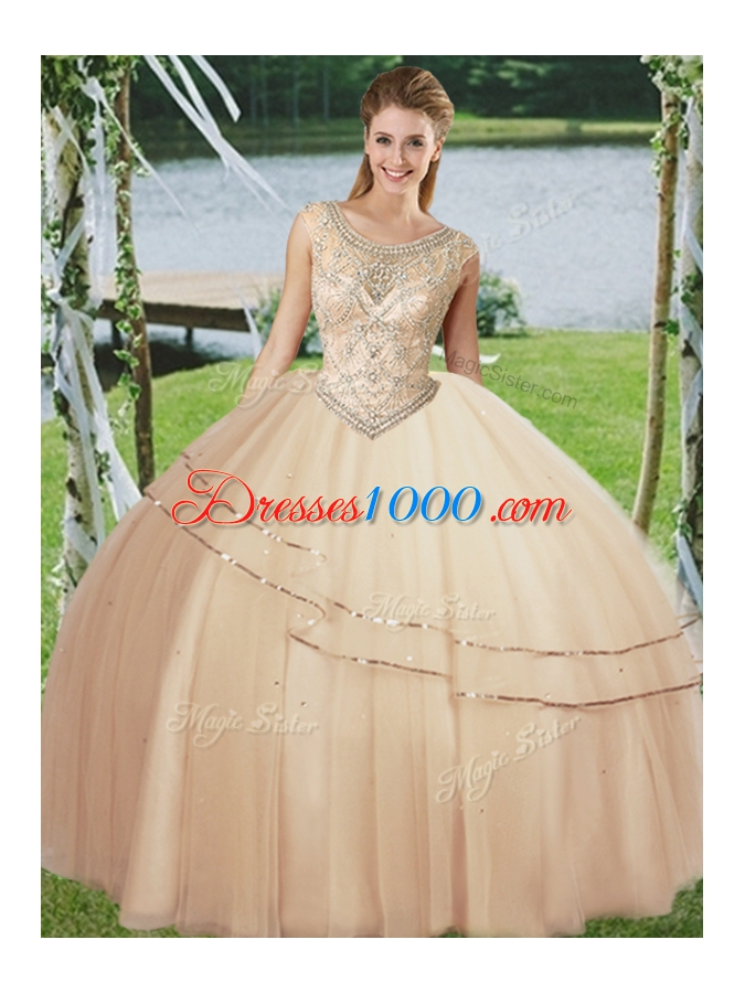 Scoop Sleeveless Beading Lace Up Quinceanera Dress