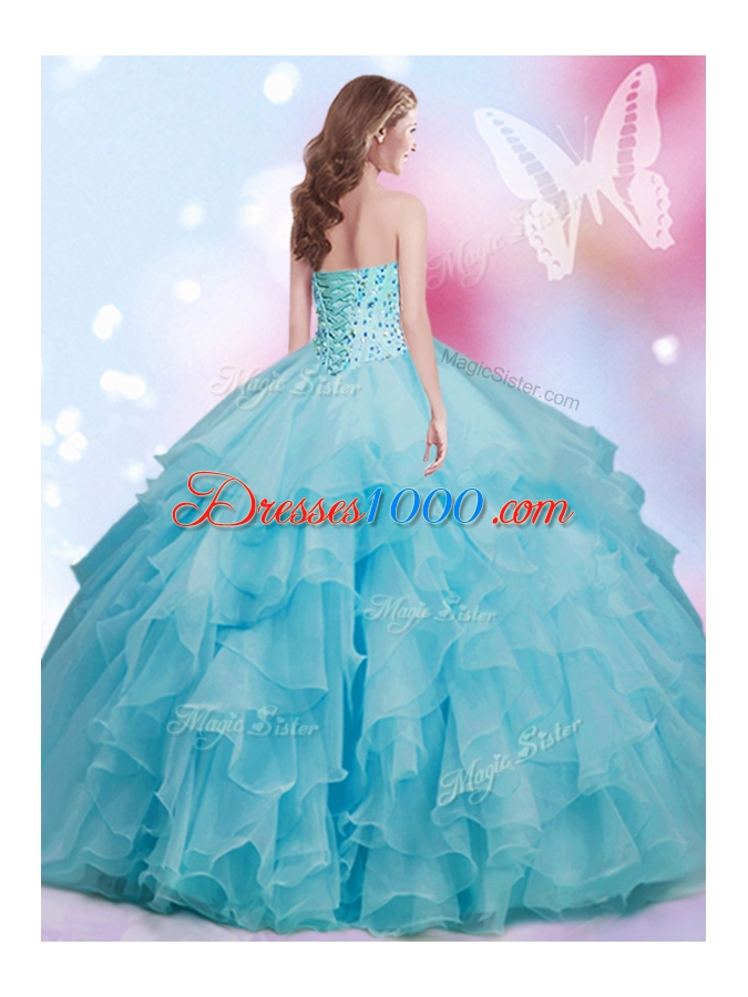 Shining Organza Sweetheart Sleeveless Lace Up Beading and Ruffles 15 Quinceanera Dress in Aqua Blue