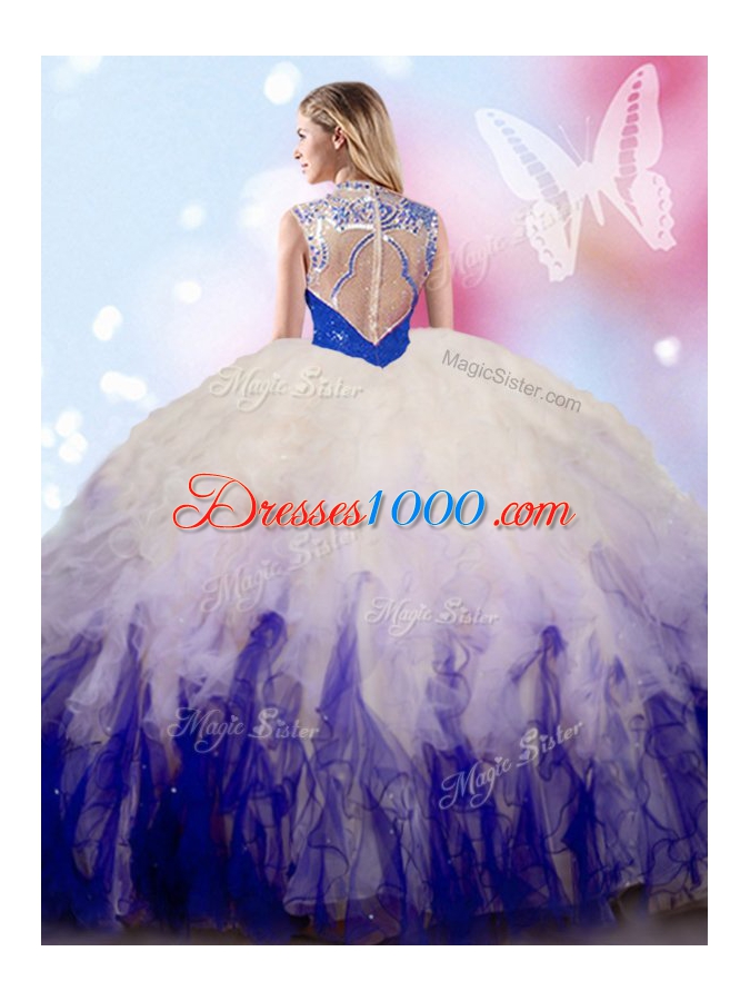 Sleeveless Tulle Floor Length Zipper Ball Gown Prom Dress in White And Purple for with Beading and Ruffles