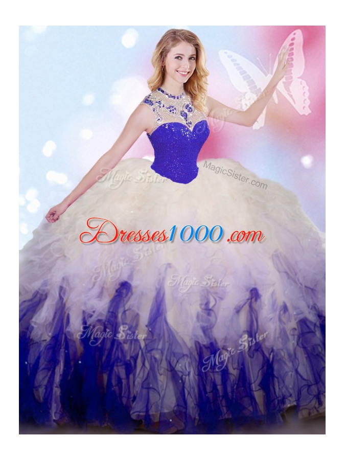 Sleeveless Tulle Floor Length Zipper Ball Gown Prom Dress in White And Purple for with Beading and Ruffles