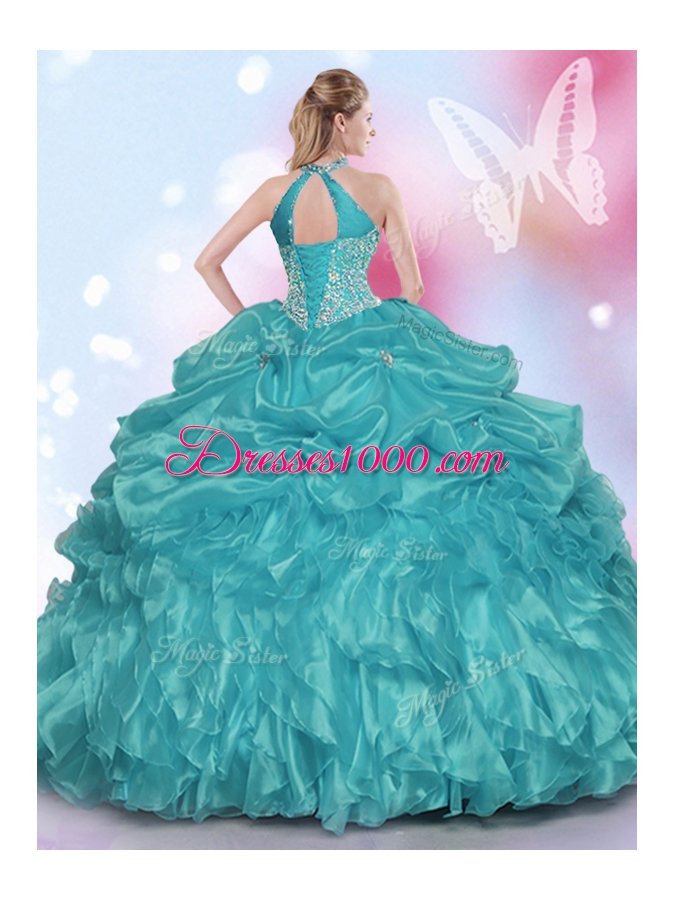 Smart Teal Ball Gowns Halter Top Sleeveless Organza and Taffeta Floor Length Lace Up Appliques and Ruffles and Pick Ups Ball Gown Prom Dress