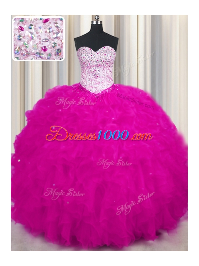 Spectacular Sweetheart Sleeveless Lace Up Quinceanera Gown Fuchsia Tulle