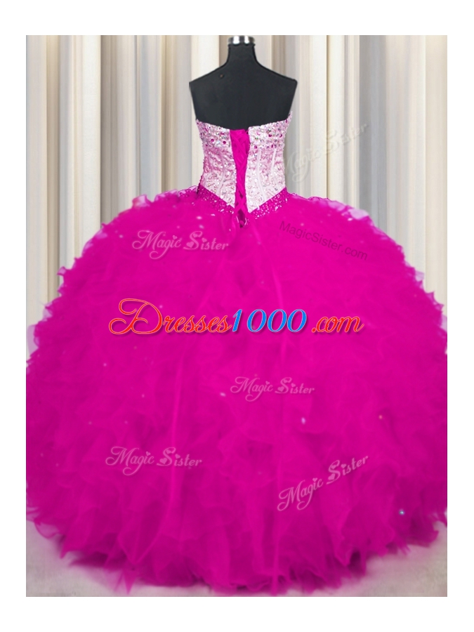 Spectacular Sweetheart Sleeveless Lace Up Quinceanera Gown Fuchsia Tulle