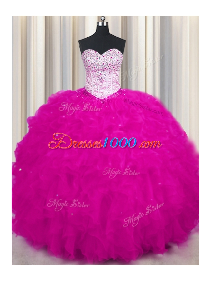 Spectacular Sweetheart Sleeveless Lace Up Quinceanera Gown Fuchsia Tulle