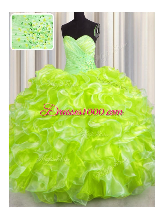Sweetheart Sleeveless Lace Up Quinceanera Gowns Yellow Green Organza