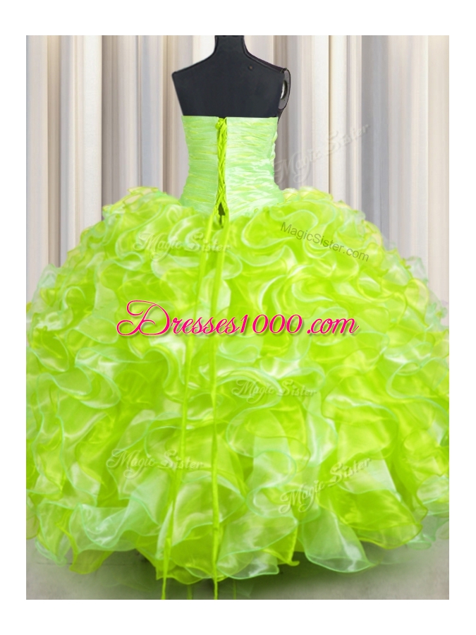 Sweetheart Sleeveless Lace Up Quinceanera Gowns Yellow Green Organza