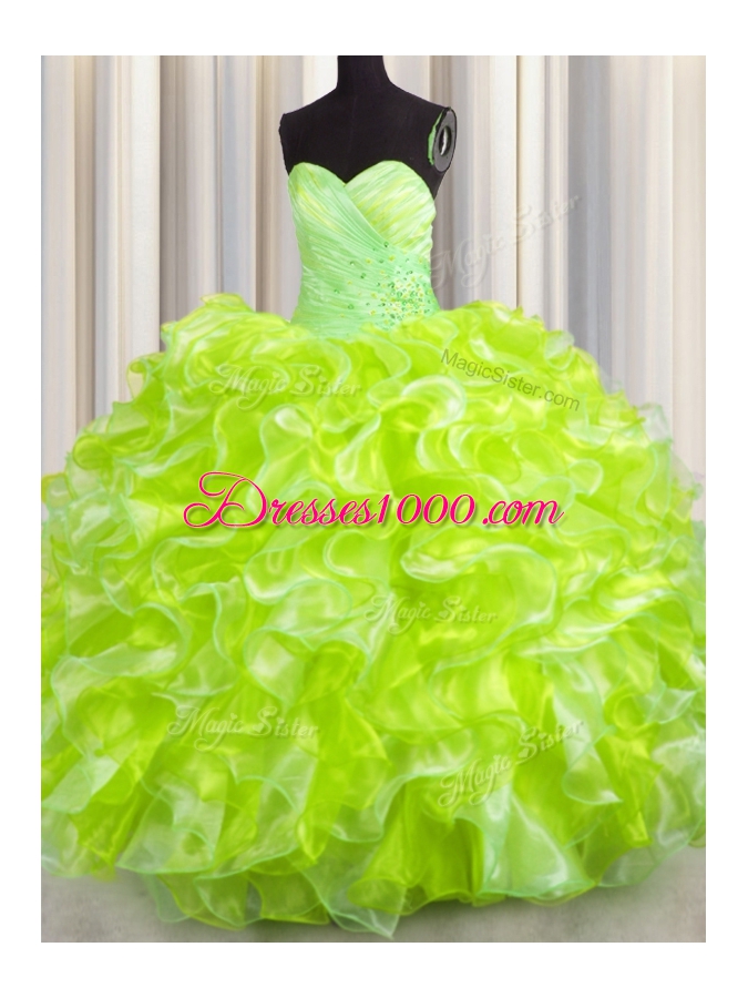 Sweetheart Sleeveless Lace Up Quinceanera Gowns Yellow Green Organza