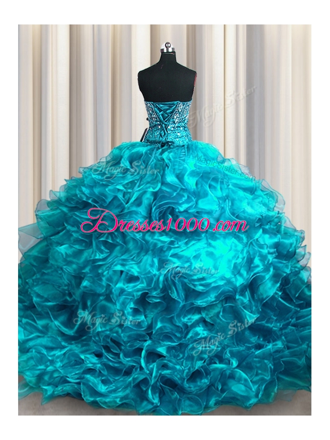 With Train Lace Up Quince Ball Gowns Teal and In for Military Ball and Sweet 16 and Quinceanera with Beading and Ruffles Brush Train