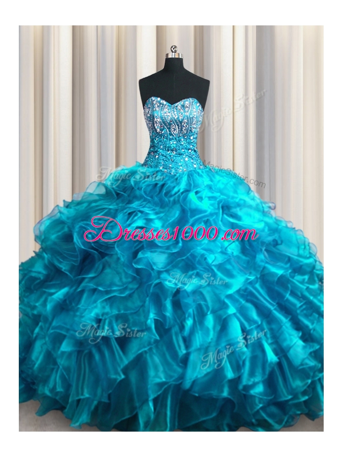 With Train Lace Up Quince Ball Gowns Teal and In for Military Ball and Sweet 16 and Quinceanera with Beading and Ruffles Brush Train