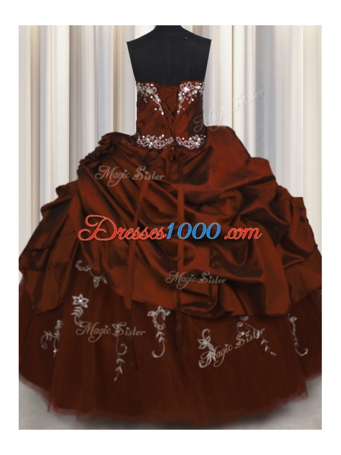 Attractive Embroidery Sleeveless Taffeta Floor Length Lace Up Quinceanera Gowns in Burgundy for with Beading and Appliques and Pick Ups
