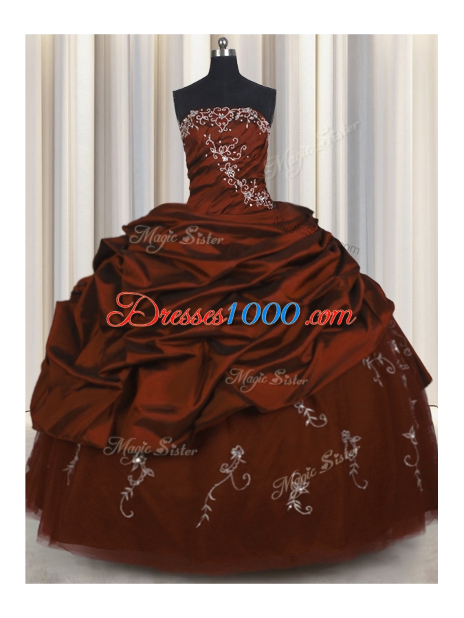 Attractive Embroidery Sleeveless Taffeta Floor Length Lace Up Quinceanera Gowns in Burgundy for with Beading and Appliques and Pick Ups