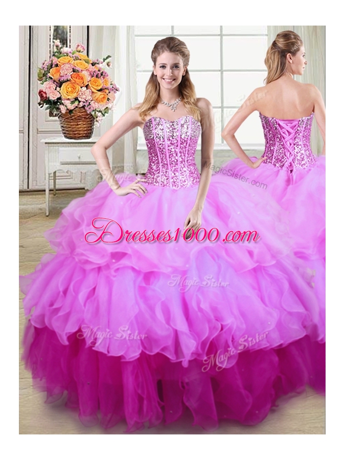 Fitting Three Piece Sequins Sweetheart Sleeveless Lace Up Quinceanera Gown Multi-color Organza
