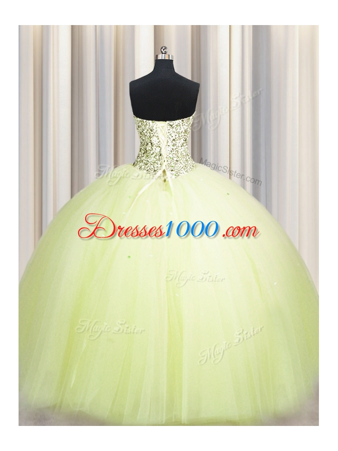 Flare Sequins Big Puffy Floor Length Light Yellow 15th Birthday Dress Strapless Sleeveless Lace Up