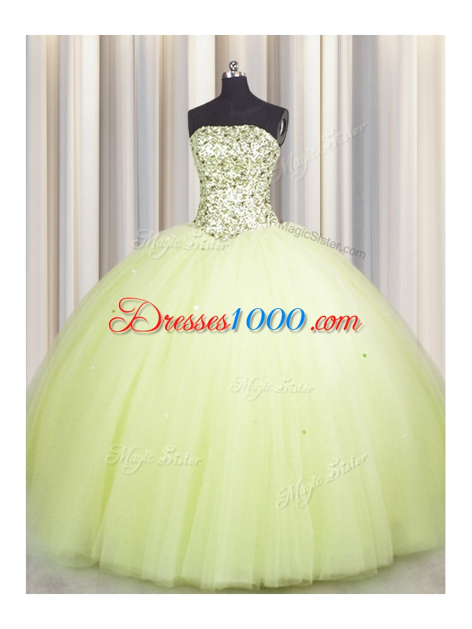 Flare Sequins Big Puffy Floor Length Light Yellow 15th Birthday Dress Strapless Sleeveless Lace Up