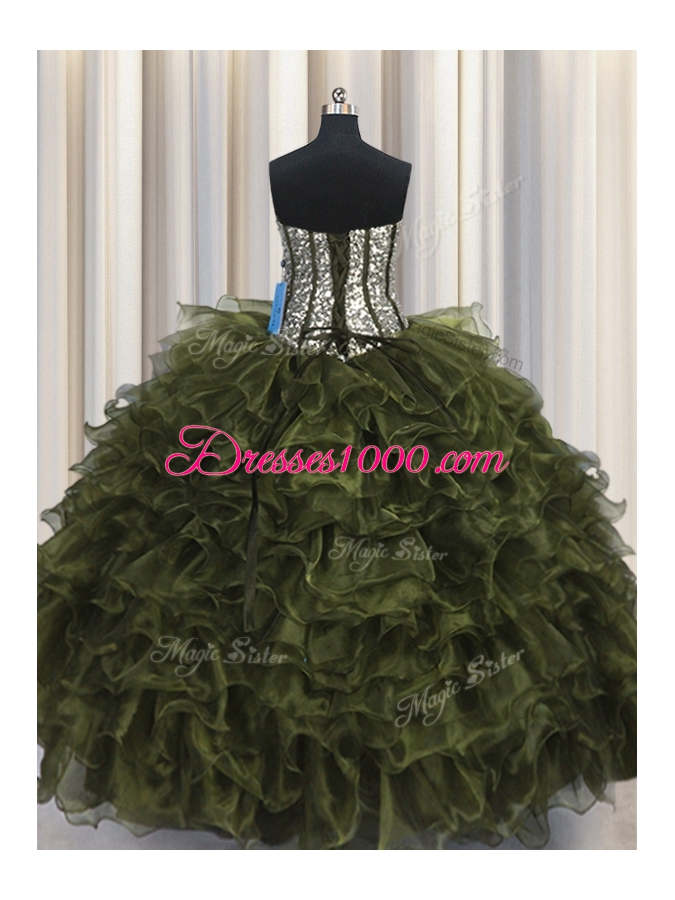 Modern Sequins Visible Boning Floor Length Ball Gowns Sleeveless Olive Green Ball Gown Prom Dress Lace Up