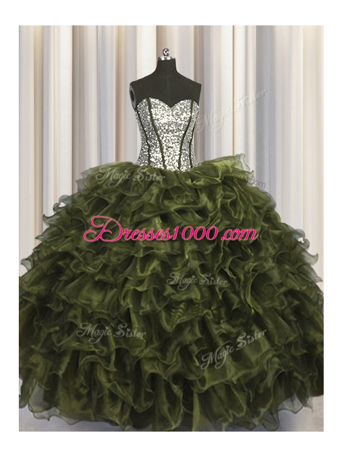 Modern Sequins Visible Boning Floor Length Ball Gowns Sleeveless Olive Green Ball Gown Prom Dress Lace Up