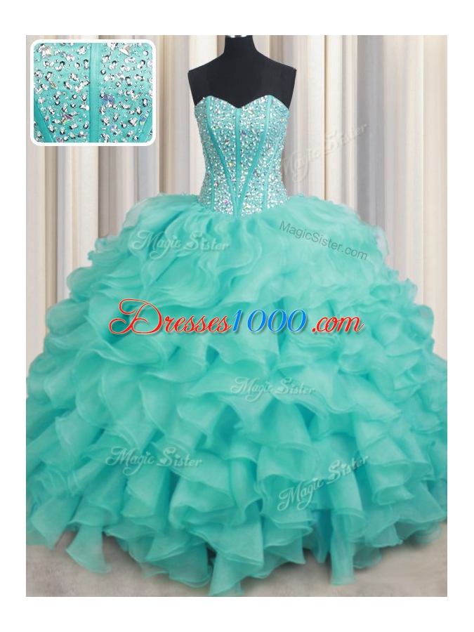 Turquoise Organza Lace Up Sweet 16 Quinceanera Dress Sleeveless Beading and Ruffles